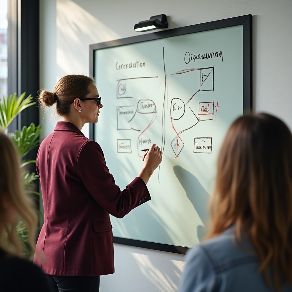 Trainer erklärt Datenanalyse an Whiteboard